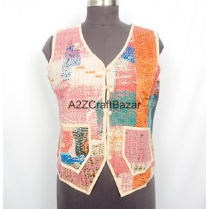 100% Cotton Breathable Printed Logo <b>Kantha</b> Quilted V-neck Waistcoat Women Handmade Unique Spring Summer Autumn Winter Sleeveless - Product Image 1