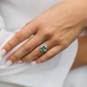 Radiant Cut Hidden Halo <b>Ring</b> Green Moissanite Three Stone <b>Ring</b> White Gold Engagement <b>Ring</b> 10K Solid Gold Half <b>Moon</b> Cut Cz <b>Ring</b> - Product Image 4
