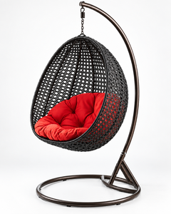 <b>Outdoor</b> Hanging <b>Egg</b> <b>Chair</b> PE Rattan Black Frame Red Cushion Contemporary Patio Swing Seat 1 Person - Product Image 3