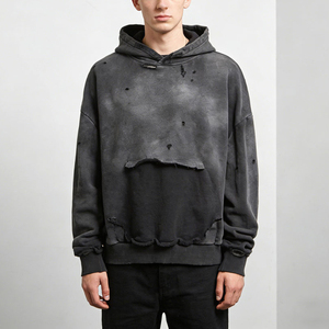 Sweat-shirt à capuche oversize pour homme, effet vieilli, style streetwear, en coton French Terry teint, noir, avec poches - Product Image 3