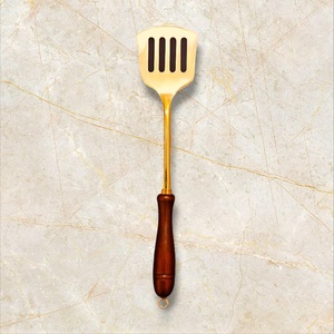 Vintage Brass <b>Kitchen</b> Utensil <b>Set</b> With <b>Wood</b> Handles High Mirror Polish Dishwasher Safe Flatware <b>Set</b> - Product Image 3