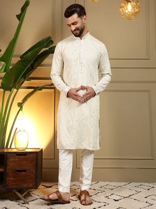 <b>Men's</b> Purple Silk <b>Kurta</b> With Glitter Print Regular Fit Ankle Length Traditional Indian Pakistani Wedding Wear - Product Image 3
