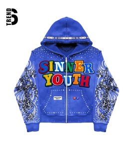 Sweat-shirt unisexe personnalisé d'hiver à fermeture éclair, coupe oversize, manches évasées, court, effet usé, en molleton épais, délavé à l'acide, avec strass - Product Image 3