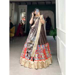 Seda Dola y estampado Kalamkari Lehenga Choli con ropa india y paquistaní Dupatta - Product Image 3