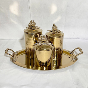Gold Hammered Metal <b>Spice</b> Canisters Set with <b>Tray</b> Leak Proof Vintage Kitchen Storage Containers Cylinder Shape Handcrafted Boxes - Product Image 1