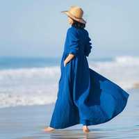 Gaun Maxi Wanita Biru Linen Ramah Lingkungan Alami Polos Manis Lengan Panjang Kancing Depan Regular Fit A-Line Vintage Kasual Pantai