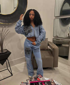 ชุดวอร์ม2ชิ้นสำหรับผู้หญิงเสื้อฮู้ดและกางเกงขาบาน420gsm ซักด้วยกรดสีแทนพิมพ์ลายโลโก้ตามสั่งแบบวินเทจ - Product Image 1