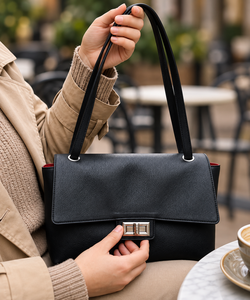 Bolso de Hombro Moderno de Cuero Genuino para Mujer, Color Negro, con Dos Correas y Gran Capacidad, Cierre Clásico de Metal - Product Image 1
