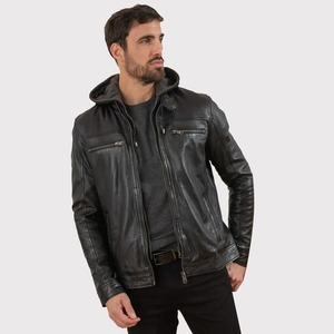 เสื้อแจ็คเก็ตหนังสีดำสำหรับผู้ชายพร้อมฮู้ดที่ถอดออกได้ - Product Image 3