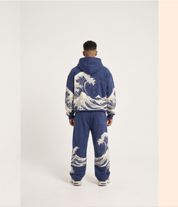 <b>Men's</b> <b>Maroon</b> Wave Print <b>Hoodie</b> and Sweatpants Set Streetwear Autumn Tracksuit - Product Image 4