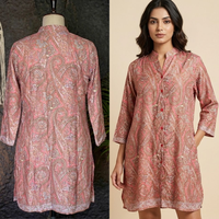 Robe longue rose à imprimé cachemire pour femme, col mandarin, volants |   Chiffon de Soie 100% Écologique Fluide et Décontracté pour les Vacances