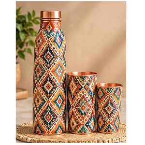 Handpainted Royal Blue Gold Floral Motif Pure Copper Eco-Friendly <b>BPA</b> <b>Free</b> <b>Water</b> <b>Bottle</b> Set Floral Pattern Portable Home Use - Product Image 5