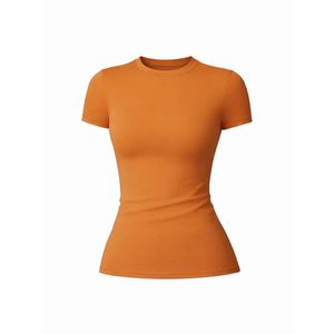Solid Color Crew Neck Short Sleeve T-Shirt <b>Seamless</b> Spandex Cotton Women's Activewear Top Mid Waist Fit - Product Image 1