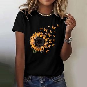 T-shirt en coton slim pour femme, style rétro, imprimé tournesol, tissu tricoté respirant, haut décontracté à manches courtes pour l'été - Product Image 3