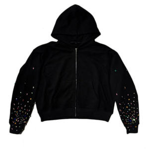 Customized High Quality Men's Acid-washed Rhinestone Hoodie Clothing Manufacturer Men's Full <b>Zip</b> up Hoodie - Product Image 2
