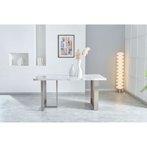 Elegante Tavolo da Pranzo di Lusso in MDF Effetto Marmo Noce, 6-8 Posti, Rettangolare 160x90x75 cm, Gambe in Acciaio Inox, Design Moderno - Product Image 3