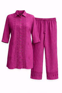 Women's Viscose Embroidered Collar Cord Set Two Pieces Casual Shirt Top and <b>Pants</b> Manufacturer - Product Image 3