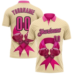 Vente en gros directe OMMIZ INDUSTRY – Gants de boxe et polo personnalisés rose-noir avec ruban 3D rose pour la lutte contre le cancer du sein - Product Image 1