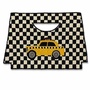 Bolso de Hombro de Poliéster Hecho a Mano con Cierre de Cremallera y Cuentas, Diseño de Tablero de Ajedrez Amarillo con Motivo de Taxi, Bolso Tote de Moda - Product Image 1