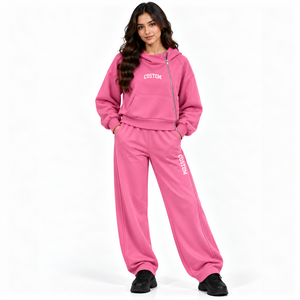 OEM Custom <b>Pink</b> Heavyweight 100% Cotton Women's Tracksuit Side Zipper Hooded Crop <b>Sweatshirt</b> Wide Leg Pants Fleece Sweatsuit Set - Product Image 1