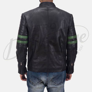 Blouson de motard en cuir noir premium pour homme, en véritable peau de mouton, coupe ajustée, avec rayures vertes, style motard, veste de mode Cafe Racer - Product Image 3