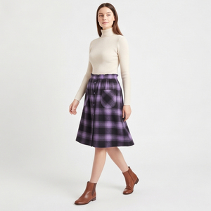 Jupe trapèze en flanelle à carreaux taille haute pour femme, longueur genou, boutonnée sur le devant, style décontracté automne - Product Image 3