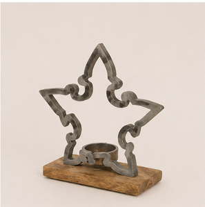 Handcrafted Rustic Metal Star Tealight Candle Holder With Natural Wooden Base Decorative Wrought Iron T-light <b>Stand</b> For Home - Product Image 1