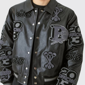 Blouson universitaire personnalisé pour homme, hiver, col montant, logo frontal, patch en laine, cuir et chenille, design personnalisé haut de gamme - Product Image 6