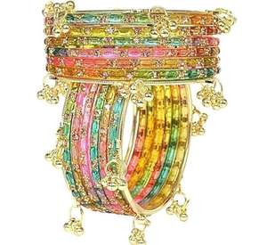 Ensemble de bracelets cachemiri tendance plaqué or de qualité supérieure, en verre et perles multicolores, finition ombrée avec accents scintillants, pour mariage traditionnel - Product Image 4