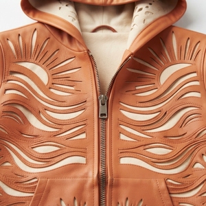 Men's Orange Embossed Sun Pattern Hooded Bomber <b>Jacket</b> Casual Autumn Zipper Closure Regular Fit PU Material - Product Image 6