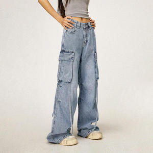 Jeans de Mezclilla Cargo de Cintura Alta y Corte Holgado para Mujer, Color Sólido, Lavado a la Piedra, Algodón, Casual, Largos, Estilo Primavera - Product Image 3