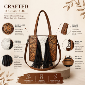 Hand Tooled Genuine Leather Hair On Cowhide Shoulder Tote Bag for Women Western Fringe Handbag Floral Embossed Crossbody Purse - Product Image 5
