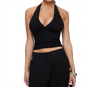 Débardeur court en maille noir pour femme, col licou profond en V, couleur unie, style club sexy, longueur courte - Product Image 3