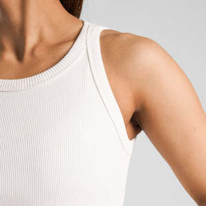 Women's <b>White</b> Ribbed O-Neck Sleeveless Tank <b>Top</b> Breathable Knitted Solid Outwear Style Regular Length - Product Image 5