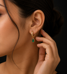 Boucles d'oreilles à charnière en argent sterling 925 plaqué or avec quartz vert taille poire 4x6mm, pendantes, classiques, pour usage quotidien, bijoux pour femmes - Product Image 3