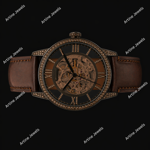 Brown Leather Skeleton Watch Diamond Bezel Luxury <b>Automatic</b> <b>Wristwatch</b> Open Heart Mechanical Timepiece Premium Fashion Accessory - Product Image 3