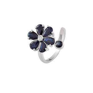 Blue Sapphire and Diamond <b>Ring</b> with Prong Setting in Rhodium Plated 92.5 Sterling Silver - Product Image 3