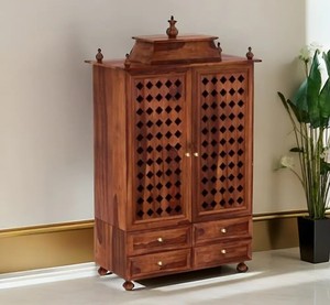 Moderno Gabinete de Oración de Madera Maciza con Puertas Jali |   Cajonera Multiusos para Pooja India, Ecológica e Impermeable |   Muebles para el Hogar - Product Image 3
