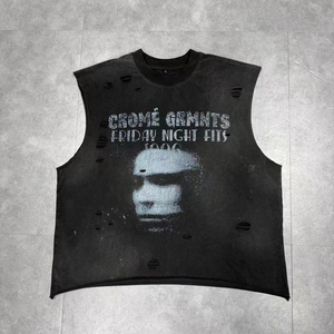 Camiseta sin mangas con corte crudo y lavado vintage 100% algodón con estampado DTG personalizado al por mayor para hombre - Product Image 1