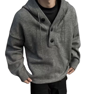Men's Autumn Winter Knit Sweater Hooded Solid Color Loose Fit Button Pullover 100% Cotton Breathable for Outdoor Casual Wear - Product Image 5
