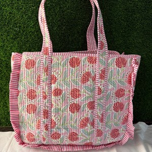Bolso Tote Bohemio Acolchado de Algodón con Estampado Floral, con Volantes, Cierre Abierto, Dos Asas, para Compras, Bolso de Hombro para Mujer - Product Image 2