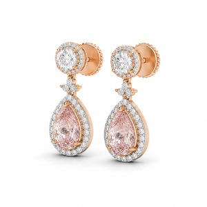 Pendientes de Oro Rosa con Diamantes y Morganita en Forma de Lágrima, Halo de Diamantes, Certificación IGI, Lujosos, Modernos, Geométricos, para Mujer, de Boda - Product Image 5