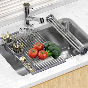 Escurridor de Platos Extensible con 2 Cestas Extraíbles de Acero Inoxidable, Ahorro de Espacio, Multiusos, Organizador de Cocina - Product Image 1