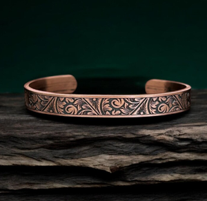 Pure Copper Open Cuff <b>Bangle</b> Bracelet In Luxury Green Jewelry Gift Box Packaging <b>Engraved</b> Western Floral Scrollwork - Product Image 4