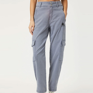 Pantalon cargo taille haute pour femme, bleu uni, coupe droite, longueur intégrale, avec poches, style décontracté, en toile respirante tissée - Product Image 3