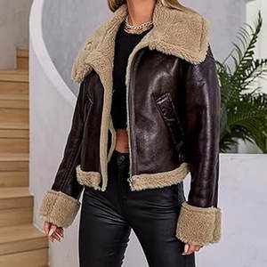 เสื้อแจ็คเก็ตหนังเทียมสำหรับผู้หญิง บุขนเทียมนุ่ม อุ่นสบายสำหรับฤดูหนาว ซิปด้านหน้า สไตล์นักขี่มอเตอร์ไซค์ ให้ความอบอุ่นและสบาย - Product Image 6