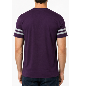 T-shirt tendance pour homme à col rond, manches rayées style universitaire, manches courtes, personnalisable, uni, violet, gris, chemise de sport - Product Image 4