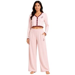 Manufacturer Light Pink And Burgundy Women Long Sleeve <b>Crop</b> <b>Pajama</b> Set Soft Knit Button Front Lounge Wear Wide Leg Sleepwear OEM - Product Image 1