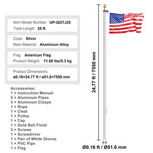 Kit Asta Portabandiera Sezionale in Lega di Alluminio Rinforzata da 7,6 m (25FT) per Esposizione a Terra con 3 Modalità e Bandiere Americane 3x5 per Esterni - Product Image 4