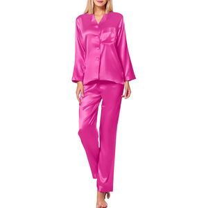Women's <b>Pink</b> Satin Long Sleeve <b>Pajama</b> Set Full Length Button Front Sleepwear Elegant Smooth 100% <b>Silk</b> Material - Product Image 2